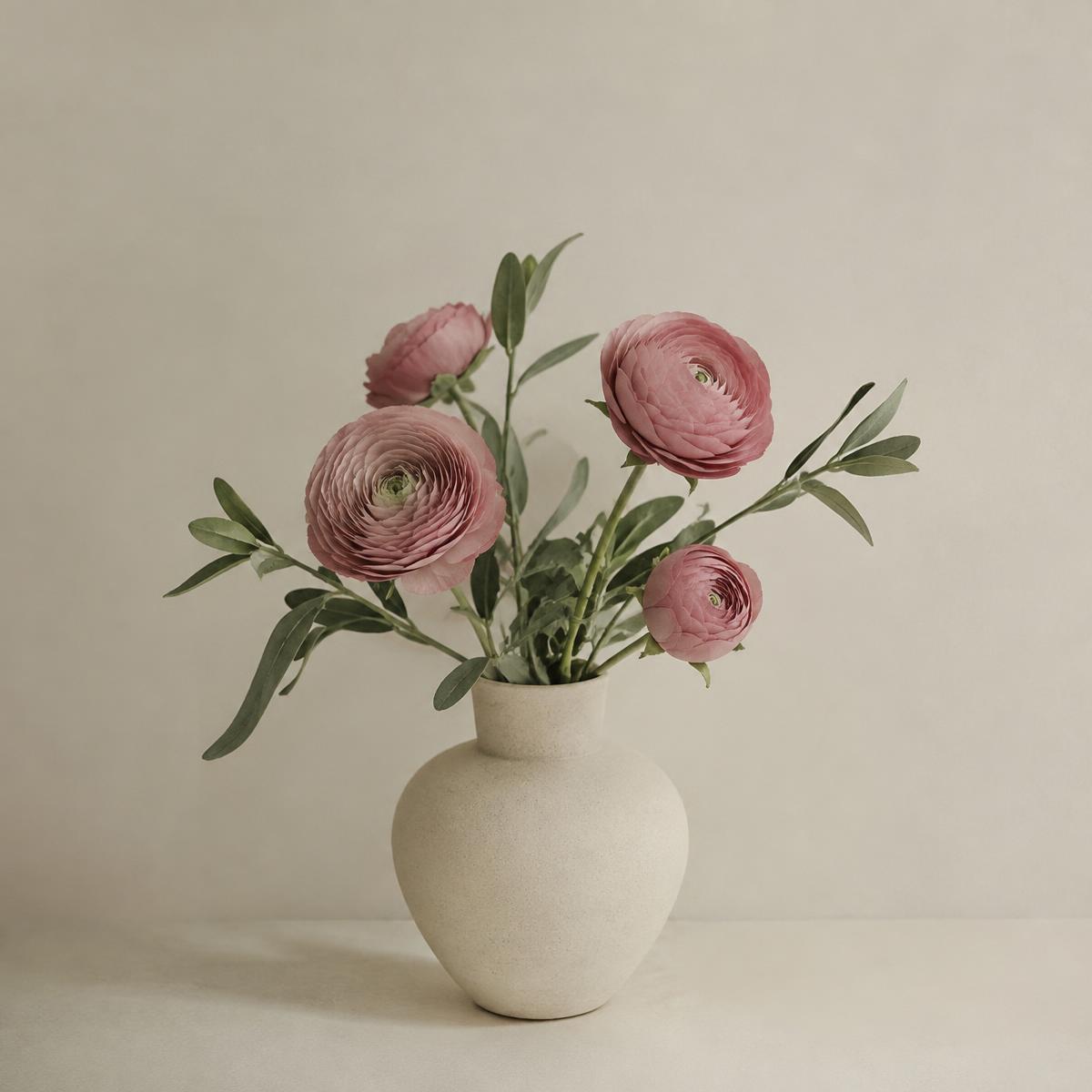 Ranúnculos rosa numa jarra de cerâmica